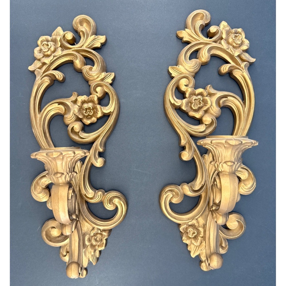 2 Vintage Wall Candle Holder/Sconce Gold Tone Hollywood Regency Homco